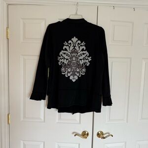Women's Black Button-Up Jacket with dark grey embroidery on the back of jacket .